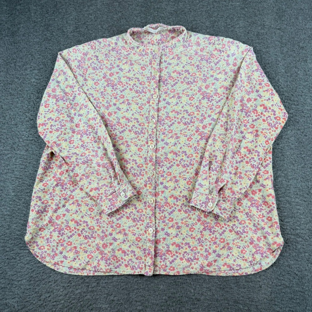 Studio Clip Floral Button Down Shirt Women's L Pink Purple Raw Collar